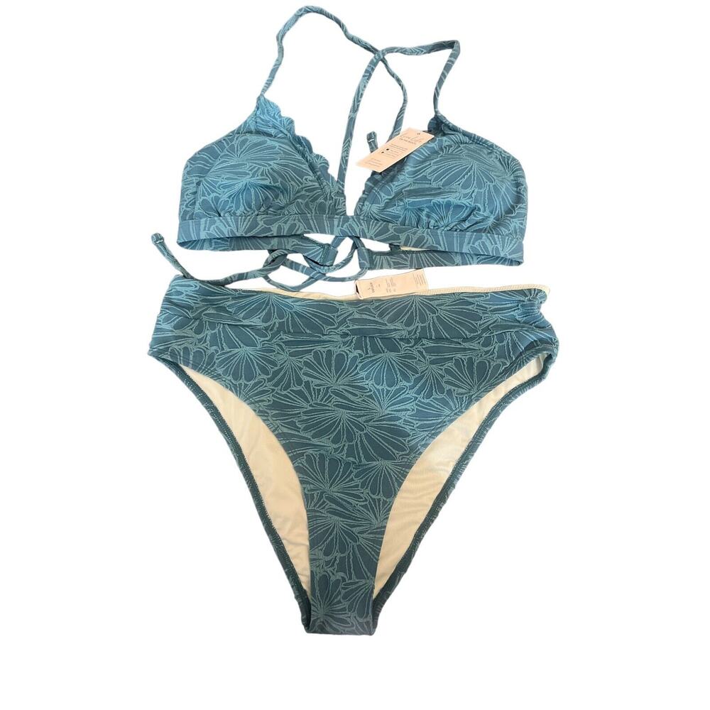 CUPSHE Bikini Set Womens Bathing Suit High Waisted Scalloped V Neck Two Pc Sz L